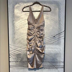 Nicole Miller Satin Ruched Sleeveless V-Neck Dress Size 2 Beige NWT